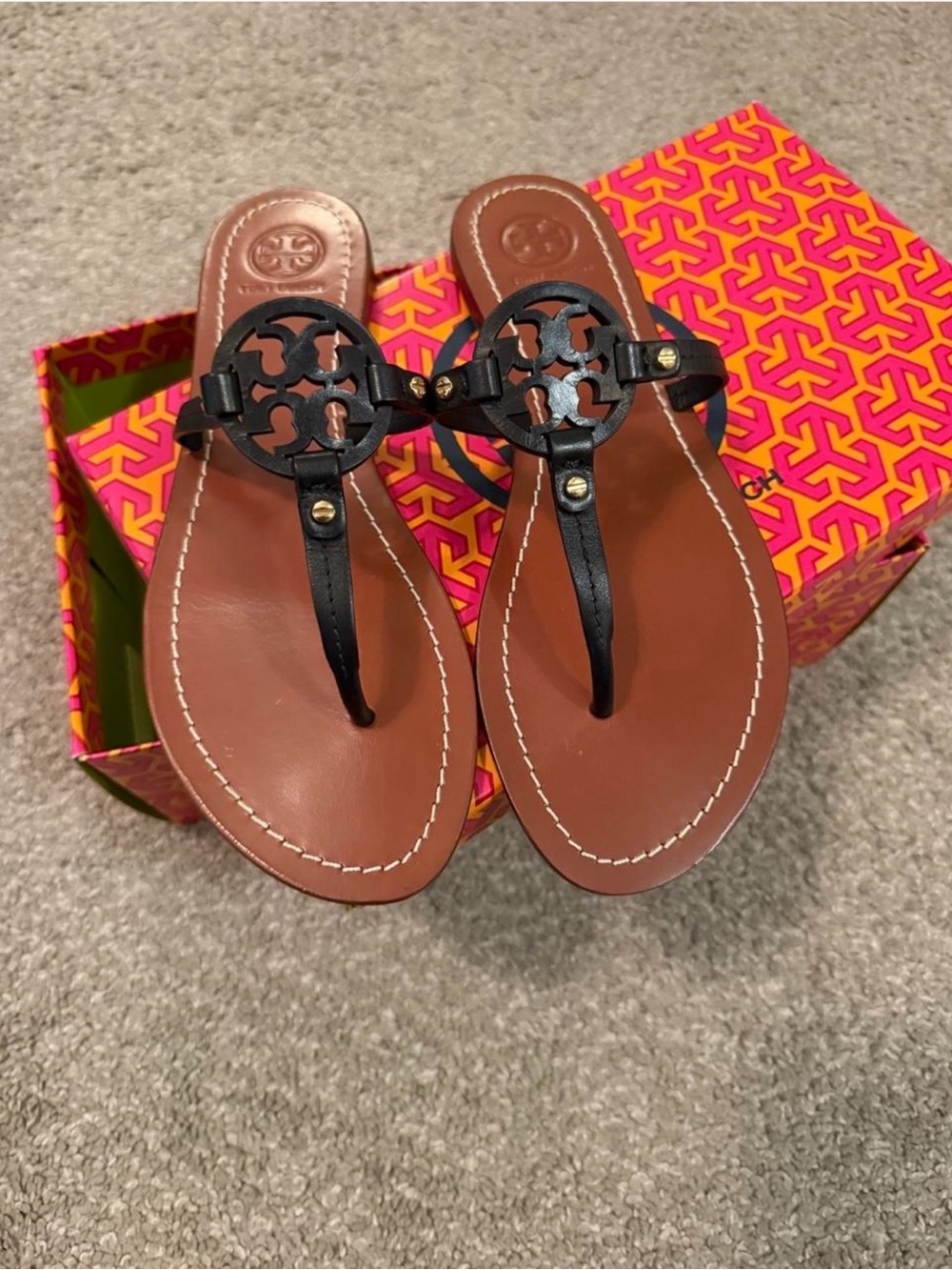 Tory Burch Black Logo Thong Sandals with Brown Footbed